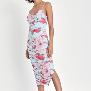 Alluring Charm Light Blue Floral Ruched Mesh Bustier Midi Dress